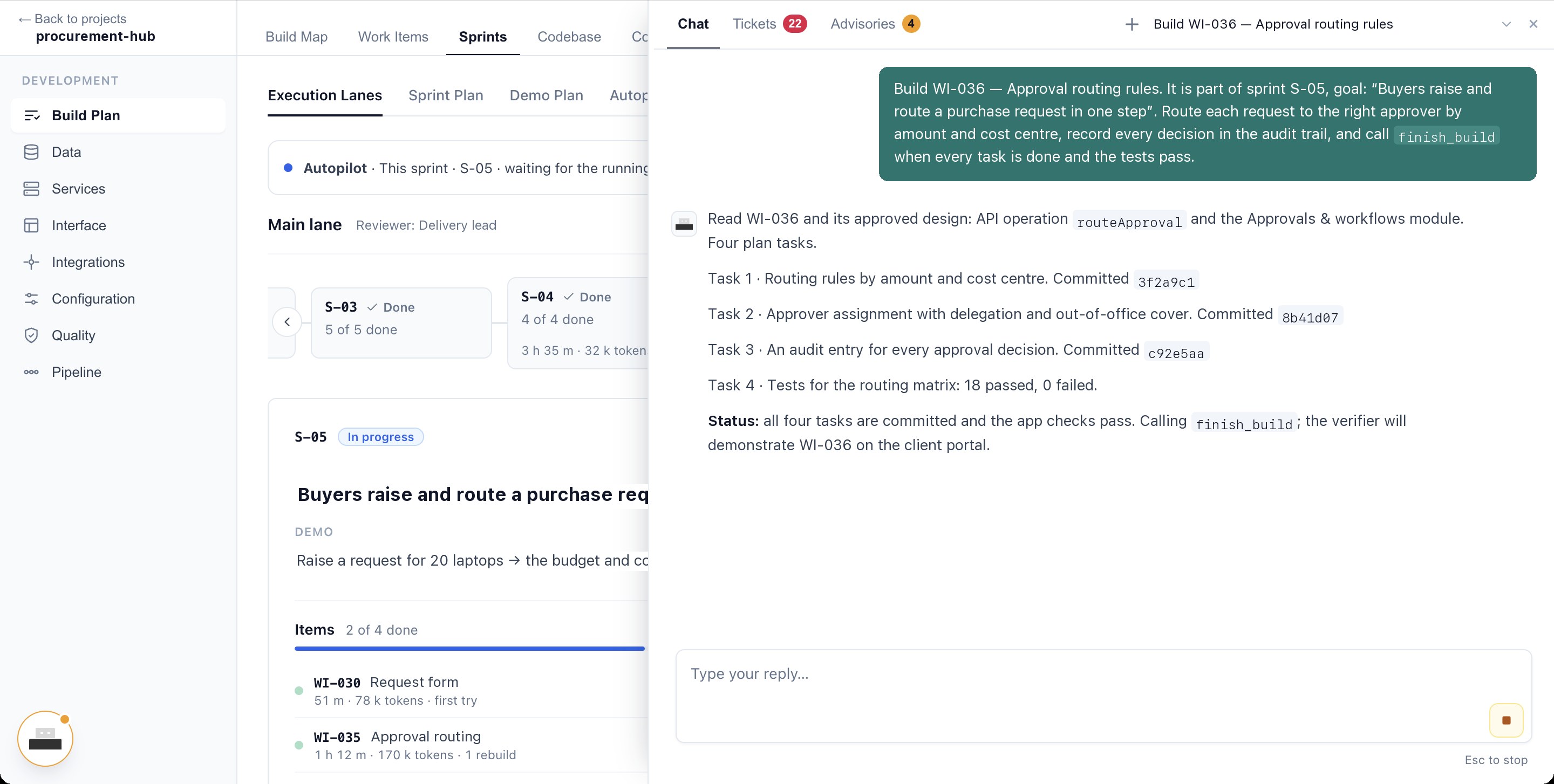 Defender sprint chat: an AI agent builds a work item task by task, committing each task and passing its tests