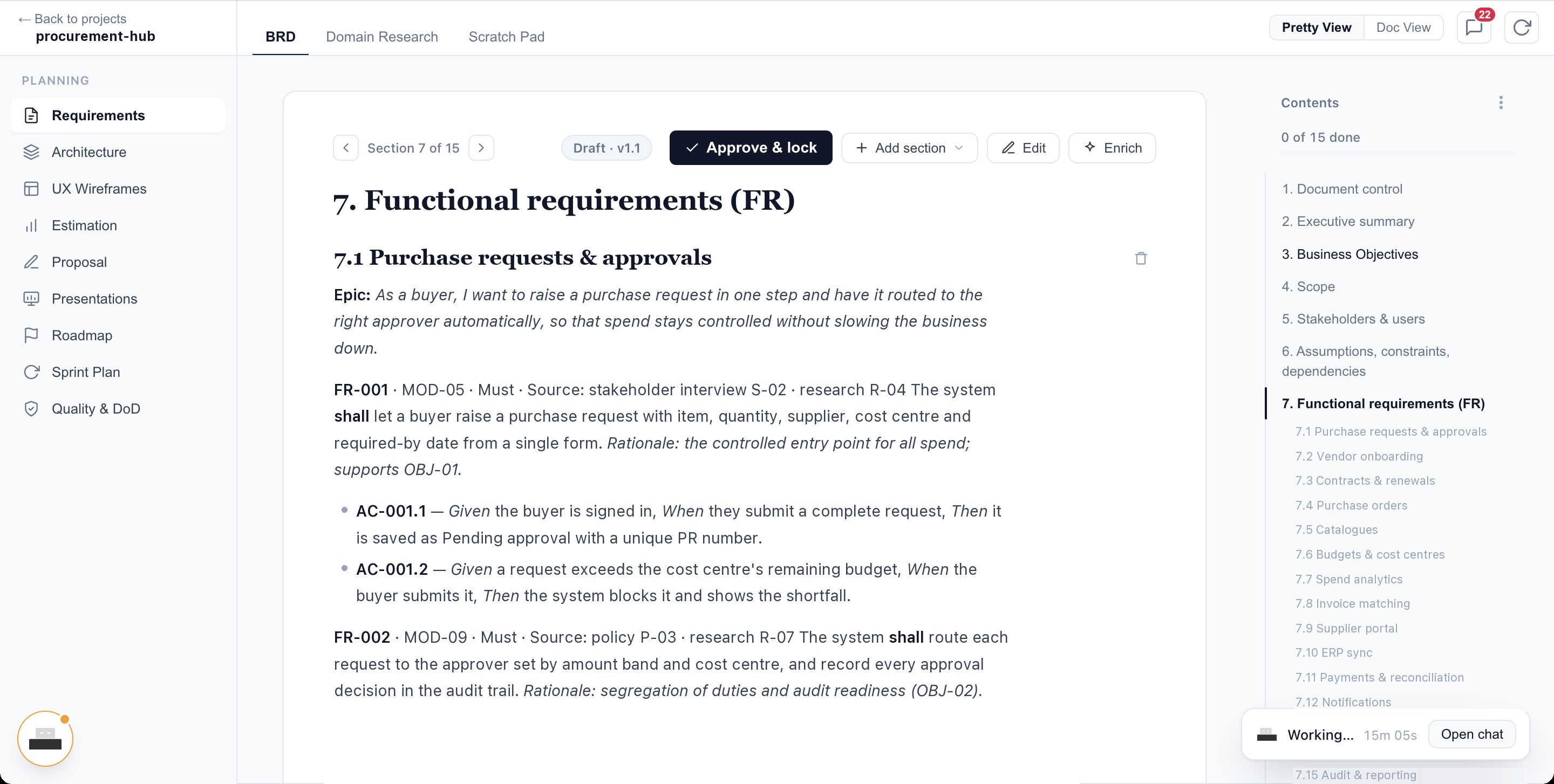 Defender planning: a business requirements document with functional requirements and acceptance criteria, ready to approve and lock