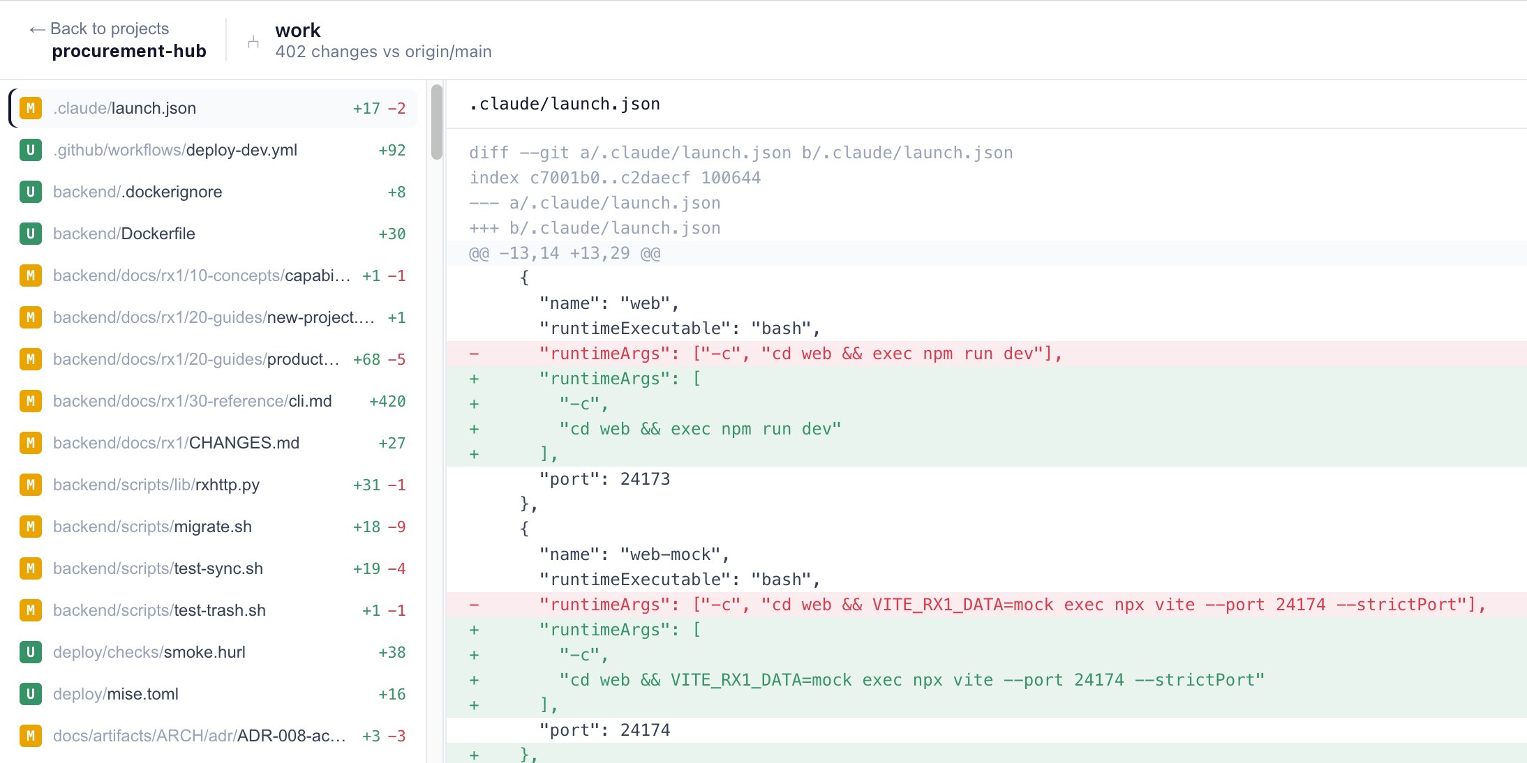 Defender Source control studio showing changed files and a diff